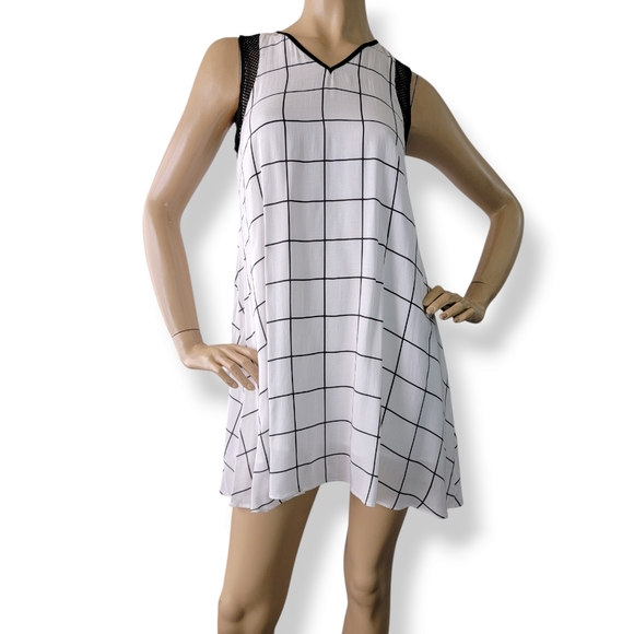 Eden Society Black & White Grid Check Mesh Paneled Shift Dress Size Small - Picture 1 of 8